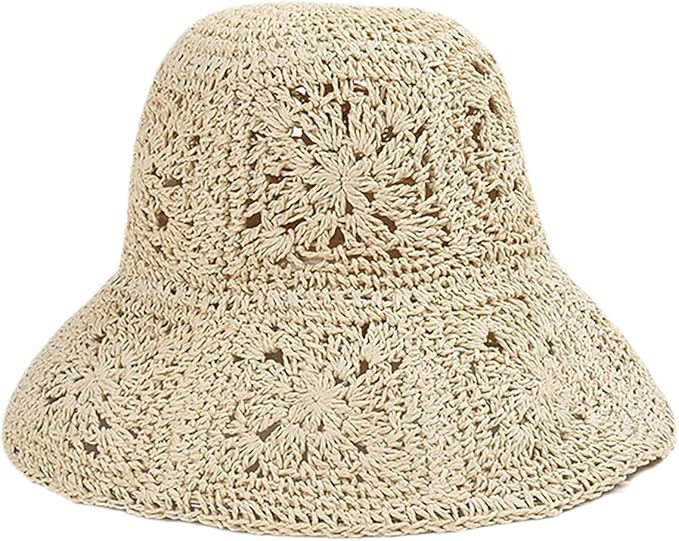 Women Straw Sun Hat Floral Woven Crochet Bucket Hat Y2k Aesthetic Accessories Beach Hat Hand Wove... | Amazon (US)