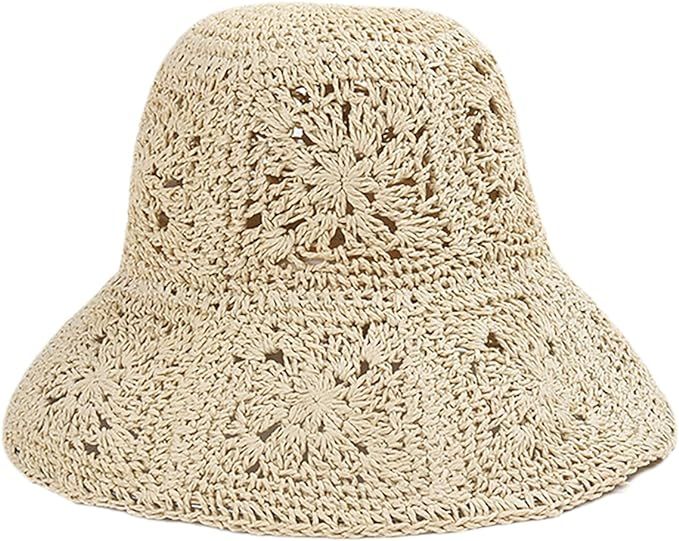 Women Straw Sun Hat Floral Woven Crochet Bucket Hat Y2k Aesthetic Accessories Beach Hat Hand Wove... | Amazon (US)