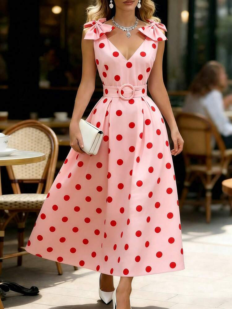 SHEIN Raffin\u00e9a Holiday Party Polka Dot Bow Decor Elegant Women Dress For Christmas & New Year | SHEIN, Pink Polka Dot Dress | SHEIN