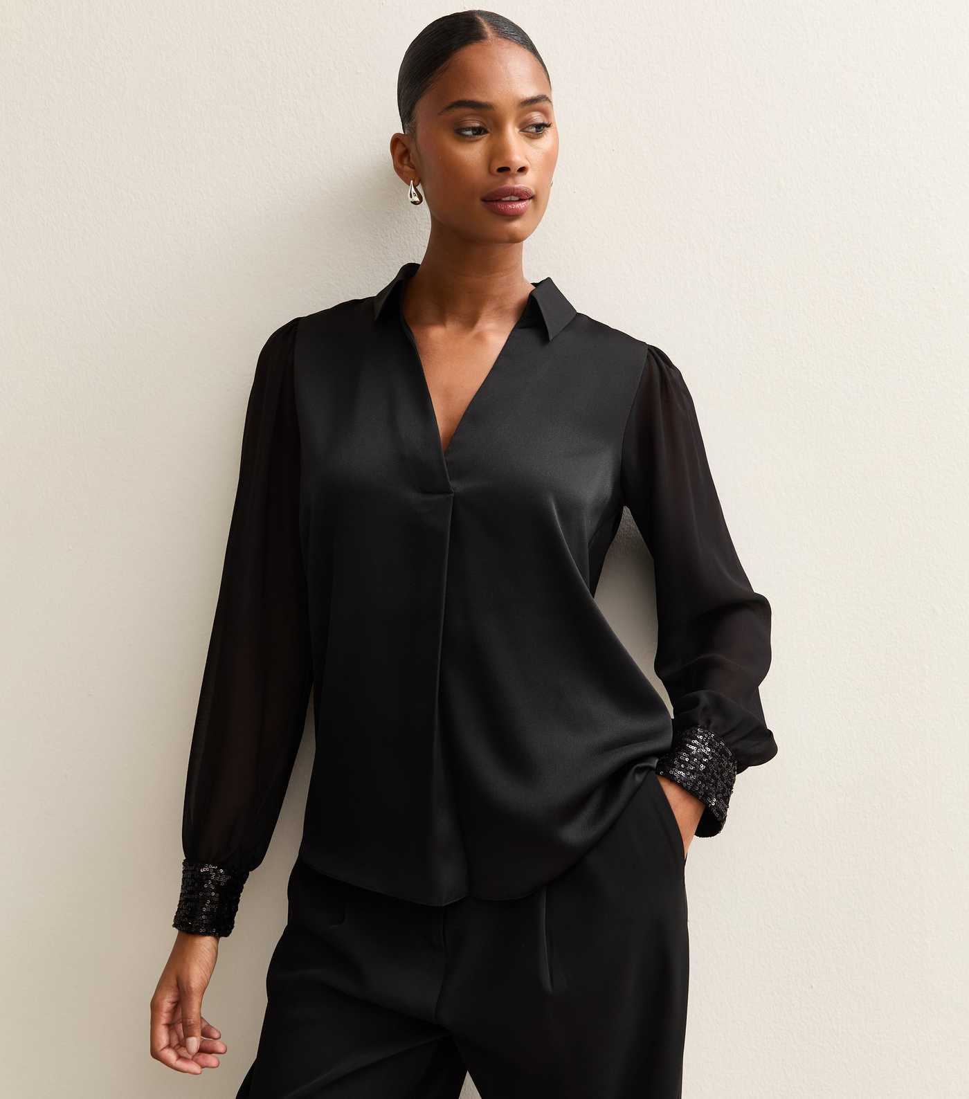 Black Open Neck Sequin Cuff Long Sleeve Satin Shirt | New Look | New Look (UK)