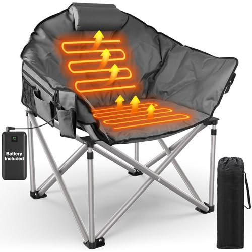 Slendor Heated Camping Chair with Power Bank, Oversized Heated Chairs Outdoor Sports,10S Quick Heat, 3-Level Heated Foling Chairs for Lawn, Fishing W/Padded, Pillow, Storage Bag, Support 440lbs, Grey | Amazon (US)