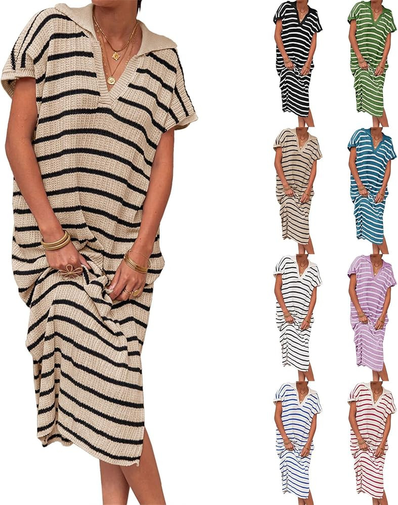 Women's Striped Summer Casual Dresses Short Sleeve V Neck Knit Collared Sexy Slit Loose Maxi Swea... | Amazon (US)