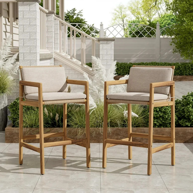 Christopher Knight Home 29.3" Wood Outdoor Bar Stool with Wicker Backrest and Seat, Beige Cushion... | Walmart (US)
