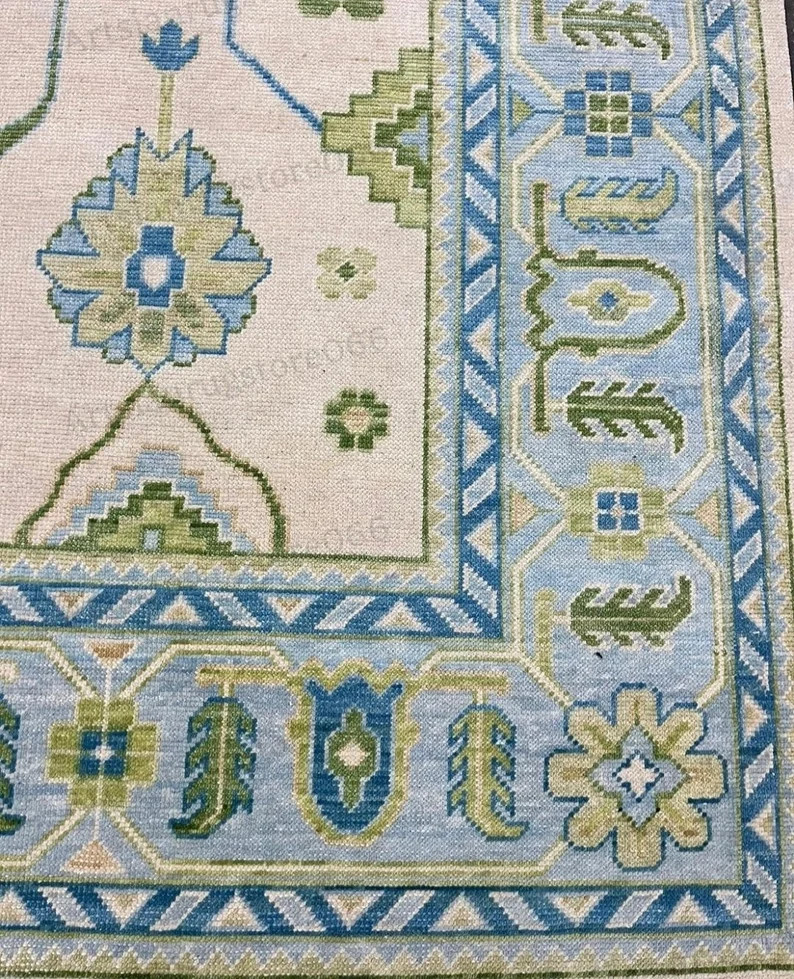 9x12 Handmade Modern Oushak Rug With Sea Blue Border Olive Green Blue Accent Modern Rug Living Ro... | Etsy (US)