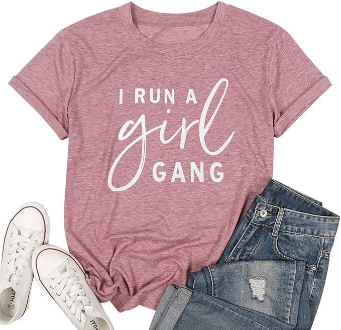 MOUSYA Womens I Run A Girl Gang T-Shirt Girl Mom Shirt Short Sleeve Letter Printed Round Neck Sum... | Amazon (US)