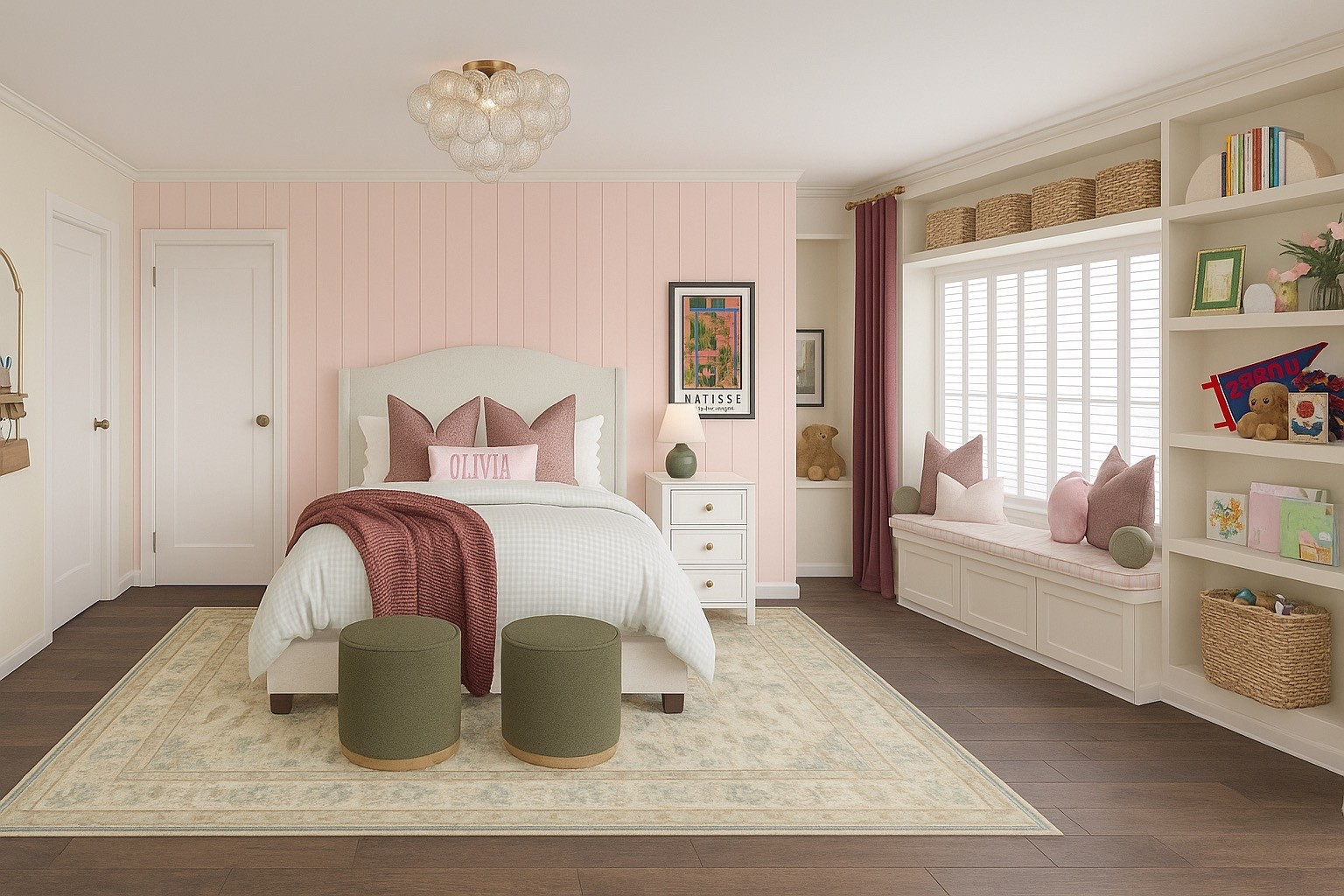 ✨ Sweet + Stylish Girl’s Bedroom ✨
This transitional girl’s bedroom is layered with charm and function. The pink shiplap accent wall creates a soft focal point behind the upholstered bed, styled with personalized pillows and a cozy burgundy throw blanket. At the foot of the bed, I added green ottomans for extra seating and storage-friendly style.

On the opposite wall, the built-in window seat with gingham cushion is the perfect reading nook, surrounded by custom shelves styled with baskets, books, and décor. A vintage-inspired rug, white dresser with brass hardware, and burgundy curtains tie the whole space together for a timeless yet playful look.

I’ve linked all of my favorite finds—from the upholstered bed and nightstands to the rugs, ottomans, storage baskets, and lighting—so you can bring this cozy and functional design to life in your own home! 🤍

#LTKhome #LTKkids #LTKfamily #girlsbedroom #transitionalstyle #pinkbedroom #kidsroomdecor #windowseat #builtinshelves #girlsroomideas #neutraldecor #porcheandco

#LTKHome #LTKFamily #LTKKids