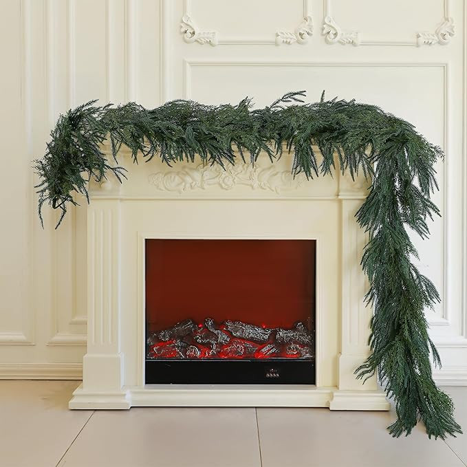 Norfolk Pine Garland Artificial Real Touch Green Thick Faux Norfolk Pine & Cedar 9FT Greenery Chr... | Amazon (US)