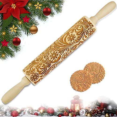 Embossed Wooden Rolling Pin, Engraved Embossing Rolling Pins with Christmas Snowflake Flower Patt... | Amazon (US)