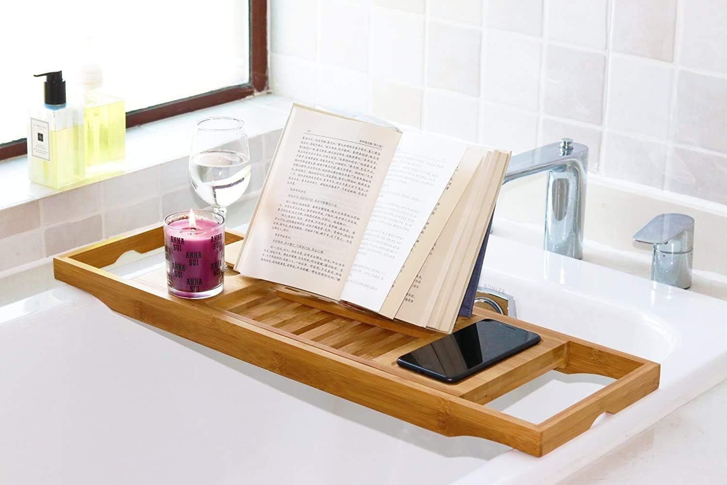 DOZYANT Bamboo Bathtub Tray Caddy Wooden Bath Tray Table with Extending Sides, Reading Rack, Tablet  | Amazon (US)