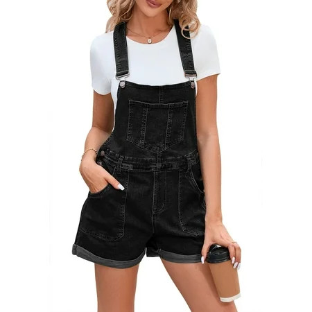 Pink Queen Women's Denim Classic Adjustable Straps Cuffed Hem Bib Overalls Shortalls S-2XL | Walmart (US)