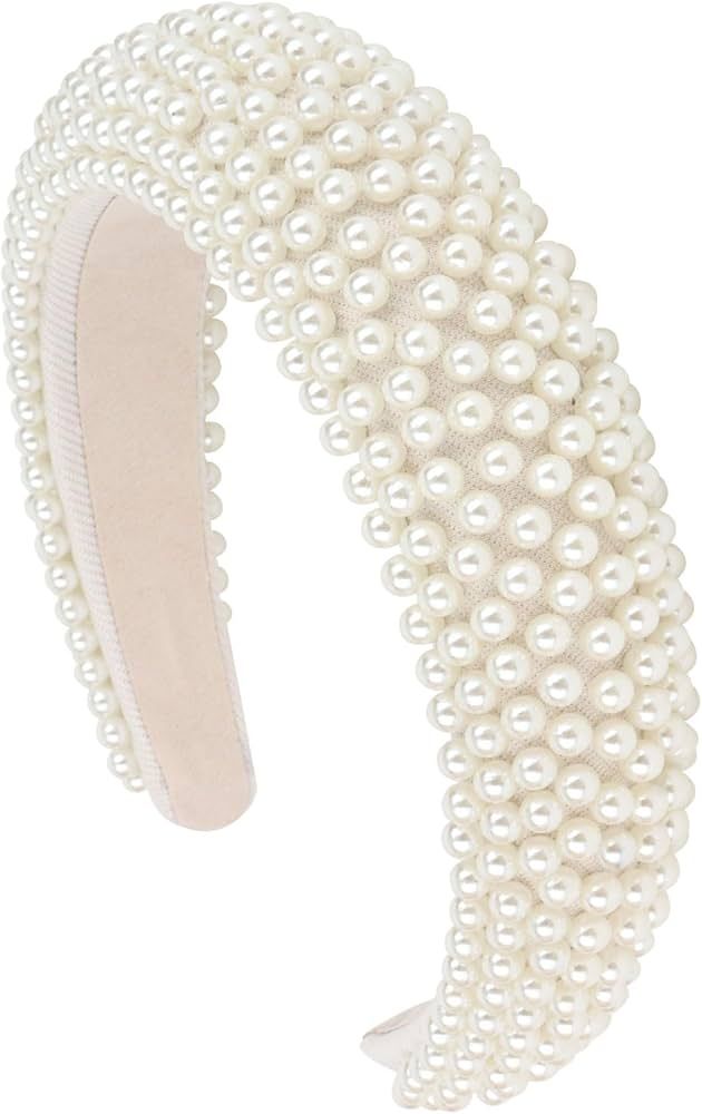 YISSION 1PC White Pearl Headband for Women Non Slip Jeweled Head Band Sparkly Beaded Hairband Fas... | Amazon (US)