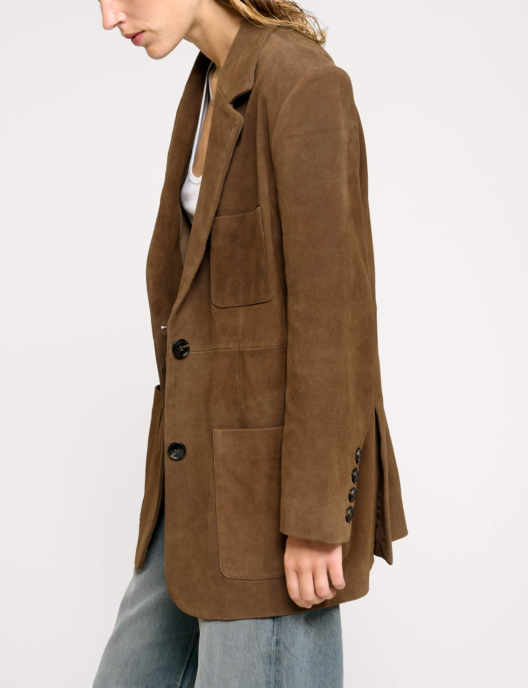 Brown Genuine-Leather Suede Blazer | Pixie Market