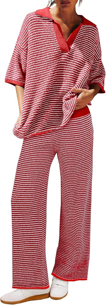 Tankaneo Womens Sweater Set Striped 2 Piece Outfits Oversized 3/4 Sleeve V Neck Knit Tops Wide Le... | Amazon (US)