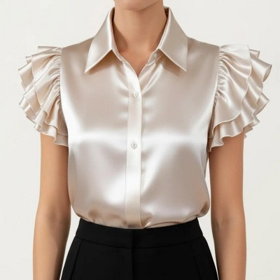 Anna-Kaci Women's Satin Button Down Blouse with Ruffle Sleeves and Collared Neckline - X Large, Light Beige | Target