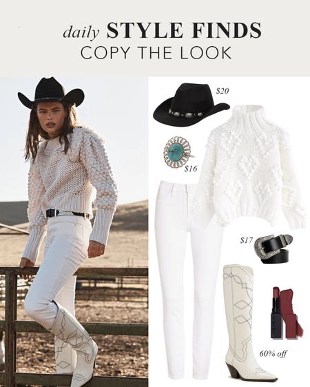 Western-inspired Fall Outfit: How to wear white in the fall: White jeans, white cowboy boots, white jeans, white popcorn chunky sweater, black cowboy belt, western belt #fallstyle #westernoutfit #cowboyboots - How to style cowboy boots for fall - #fall #fallsweaters #fallboots #over40style #over40outfits #falltrends2023 

#LTKshoecrush #LTKfindsunder100 #LTKover40