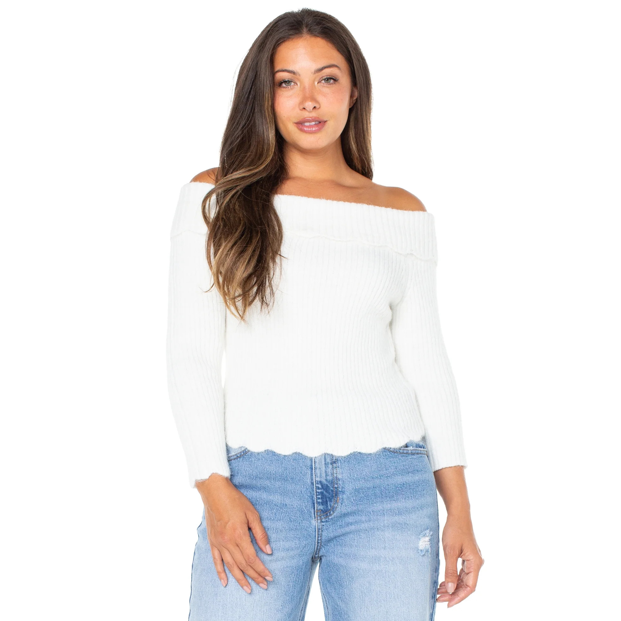 Celebrity Pink Women's Off Shoulder Scalloped Edge Sweater, Sizes XS-XXXL | Walmart (US)