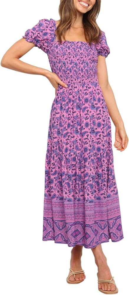 ZESICA Women's Summer Boho Floral Print Square Neck Ruffle Swing Beach Long Maxi Dress | Amazon (US)