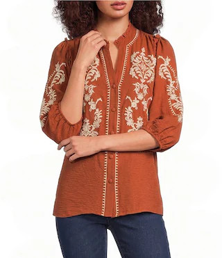 Petite Size Embroidered Ruffle Split V-Neck 3/4 Sleeve Button Front Tunic | Dillard's