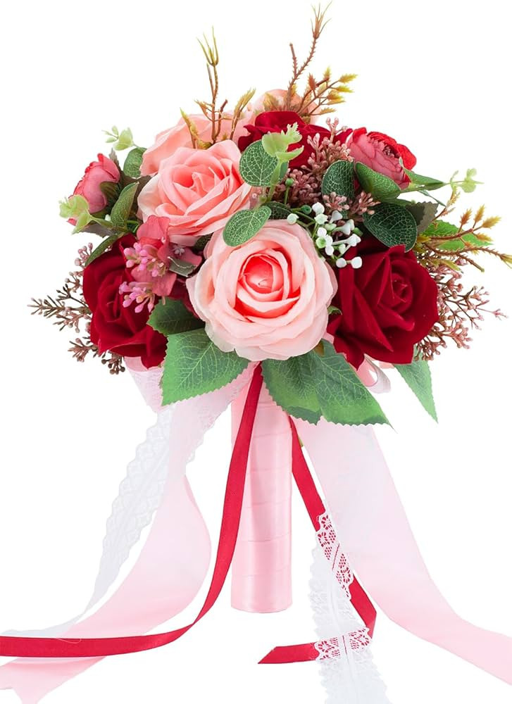 Floinla Red & Pink Wedding Bouquets for Bride Bridesmaid Bouquet Artificial Roses Tossing Bridal ... | Amazon (US)