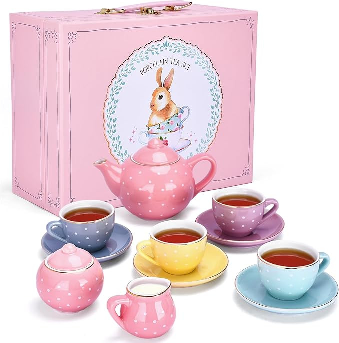 Jewelkeeper 13 Pieces Porcelain Tea Set for Little Girls with Pastel Picnic Basket - Mini Toddler... | Amazon (US)