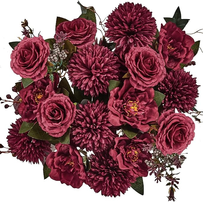 Premium Burgundy Silk Flowers Bouquet, Artificial Floral Arrangements, Fake Flower for Wedding Br... | Amazon (US)