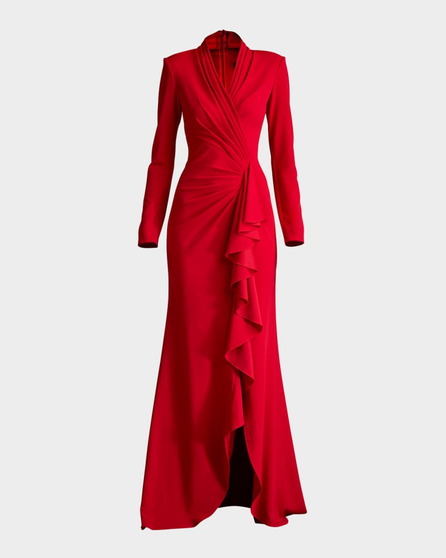 Tadashi Shoji Pleated Long-Sleeve Ruffle Crepe Gown | Neiman Marcus