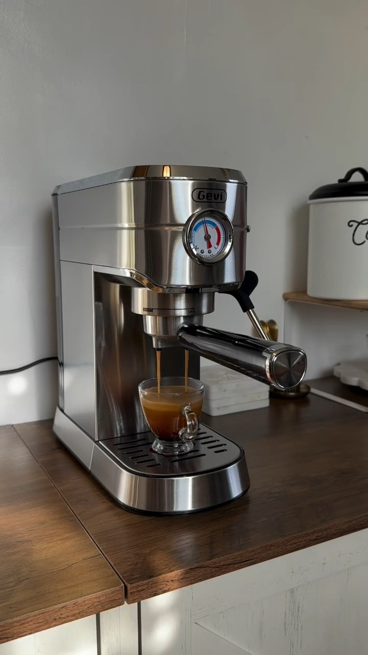If you’re a coffee lover like me, this espresso machine is a total game-changer ☕

With 20-bar professional pressure, it delivers rich, smooth espresso every time. The built-in milk frother makes it easy to create cappuccinos, lattes, and creamy foam right at home.

I love its sleek stainless-steel design, compact size, and how simple it is to use—perfect for busy mornings or cozy coffee moments.

 #geviespressomachine #geviespresso #cafe #kitchen  #coffee