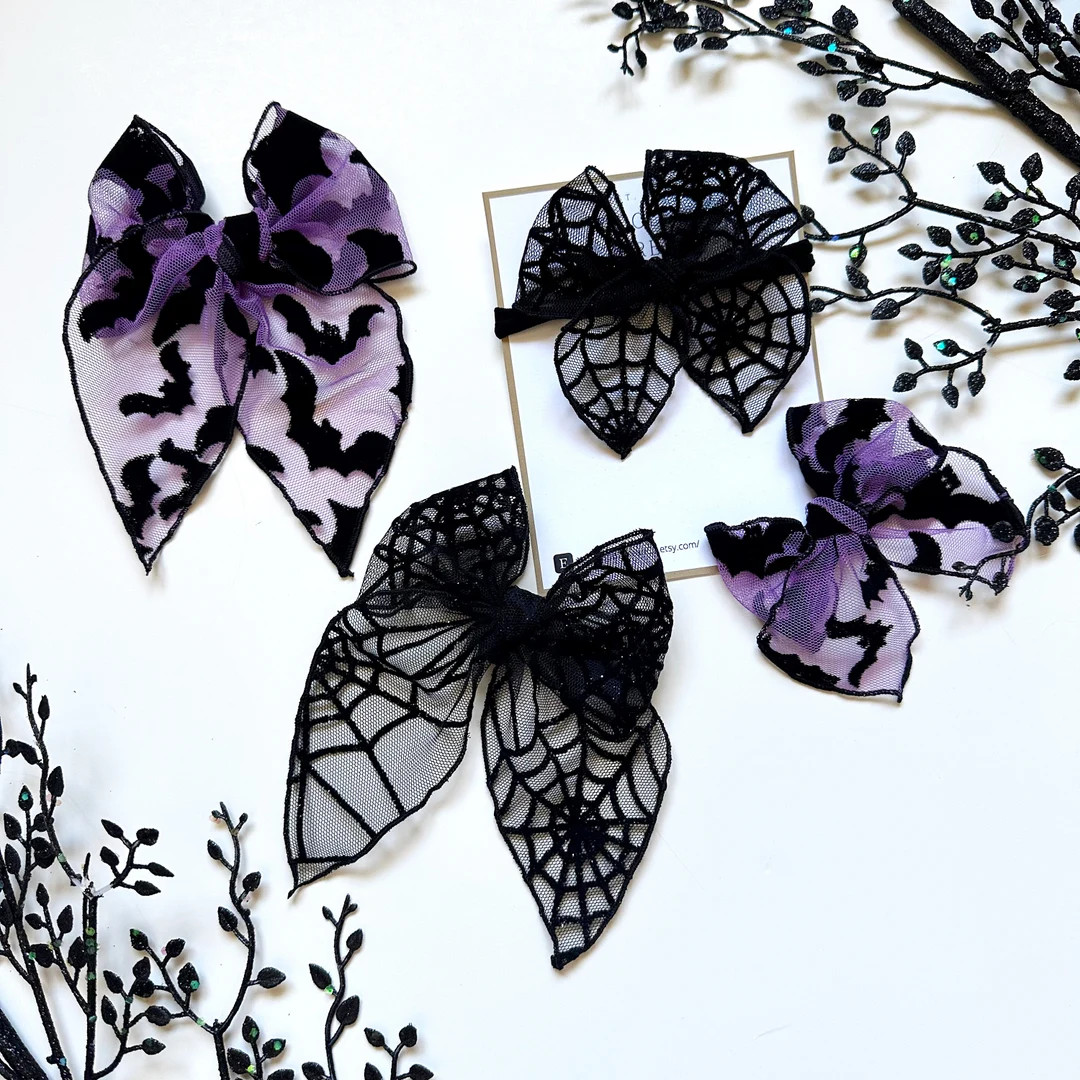 Bats Halloween Baby Bow | Spiderwebs Halloween Hair Bow | Mesh Halloween Bow | Halloween Webs Bow... | Etsy (US)