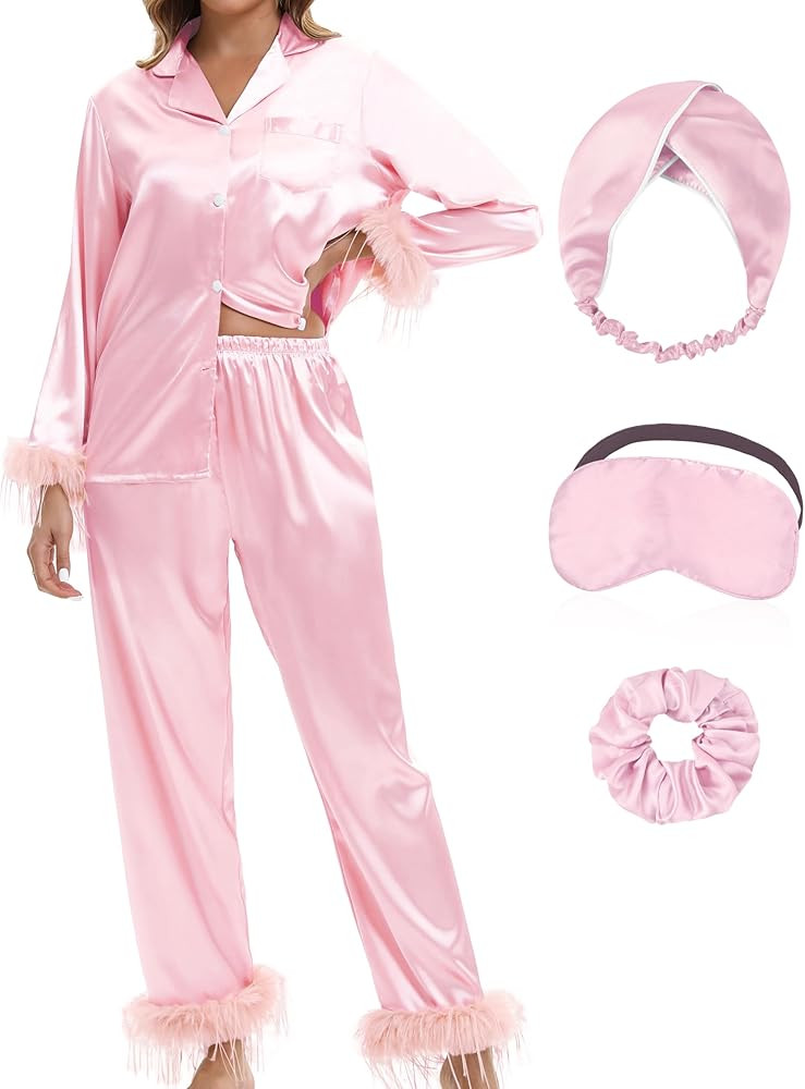 MORFORU Satin Pajama Set for Women Feather Trim Long Sleeve Pjs with Sleep Mask Headband Scrunchi... | Amazon (US)