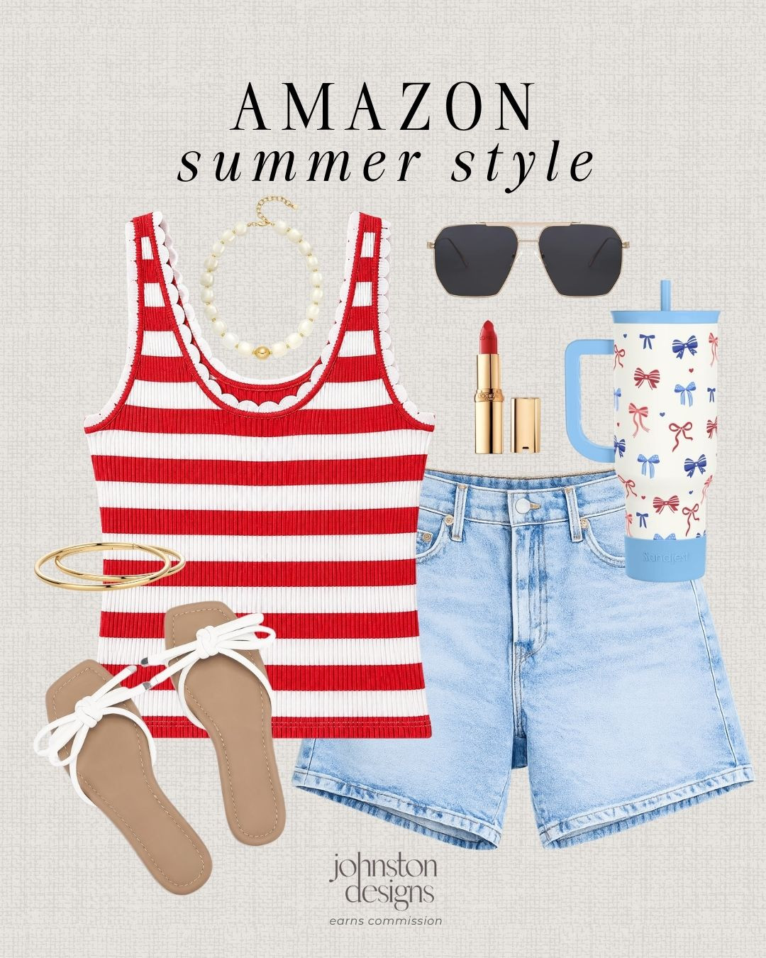 Amazon summer style with a red striped tank, denim shorts and playful bow details for a cute sunny day look. Love this for Fourth of July plans, beach weekends or casual summer errands. 🇺🇸

Amazon summer style, striped tank, denim shorts, bow tumbler, summer sandals, gold jewelry, red lipstick, sunglasses, casual outfit, Fourth of July, beach weekend, everyday style, warm weather, affordable finds, cute accessories, red, white, blue 

 #LTKootd #LTKSeasonal
