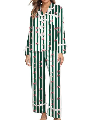 Brosloth Womens Silk Pajamas Striped Bow Print Long Sleeve Satin Pajama Set Silky Button Down Fall Christmas Pjs Loungewear Sets Dark Green M | Amazon (US)
