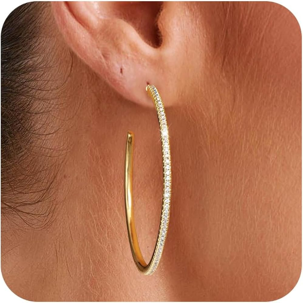 CHESKY Large Rhinestone Post Open Hoop Earrings - 14k Gold Thin Cubic Zirconia Round Hoops 15/20/... | Amazon (US)