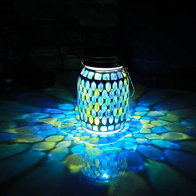 Mosaic Solar Lanterns Outdoor Hanging Lights, Solar Table Lamps & Cool Blue Color Mosaic Glass Li... | Amazon (US)