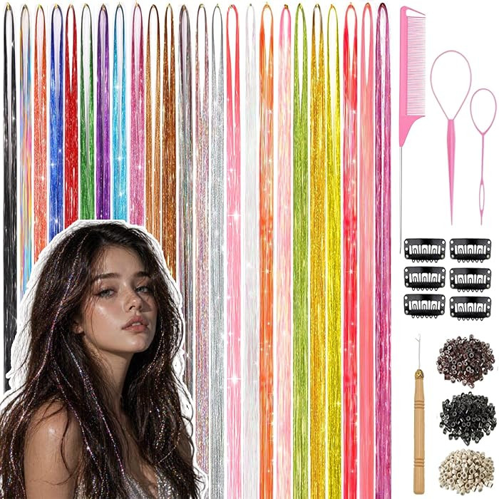 Hair Tinsel Kit, 24 Colors 48 Inch 9960 Strands Heat Resistant Glitter Tinsel Hair Extensions wit... | Amazon (US)