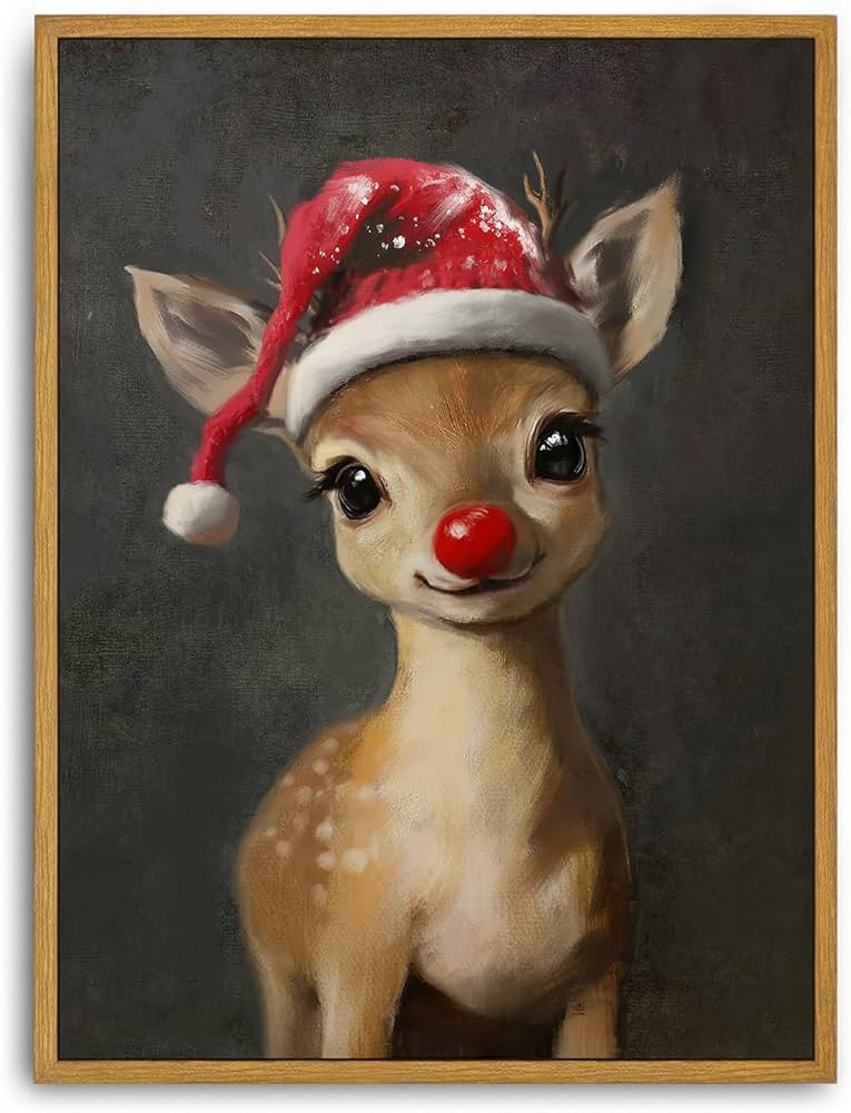 Iknostine Framed Wall Art Decor Canvas Vintage Prints Painting Rudolph Reindeer Cute Whimsical Re... | Amazon (US)