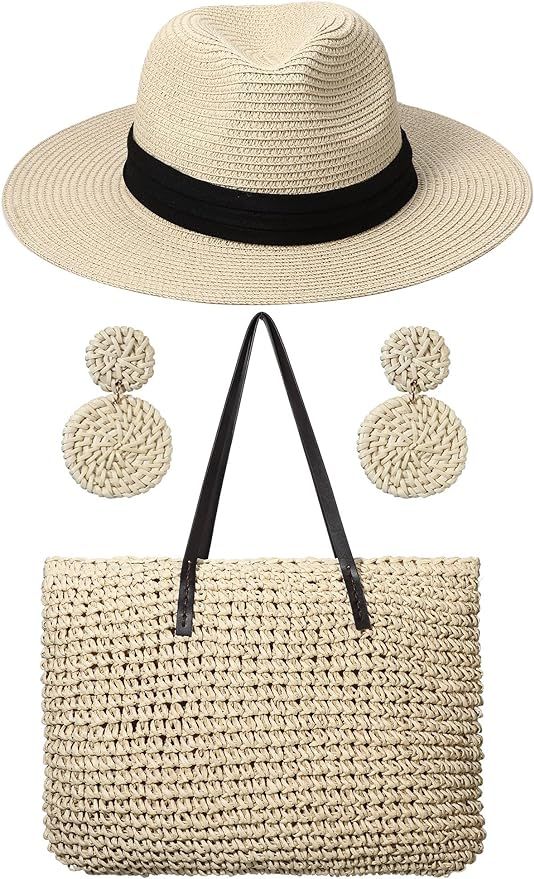 Women's Large Straw Beach Bag Woven Tote, Wide Brim Straw Fedora Hat, Rattan Earrings Set, Handma... | Amazon (US)