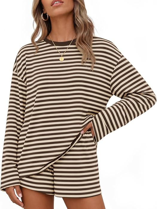 ZESICA Womens 2 Piece Striped Short Sets Fall Lounge Outfit | Amazon (US)