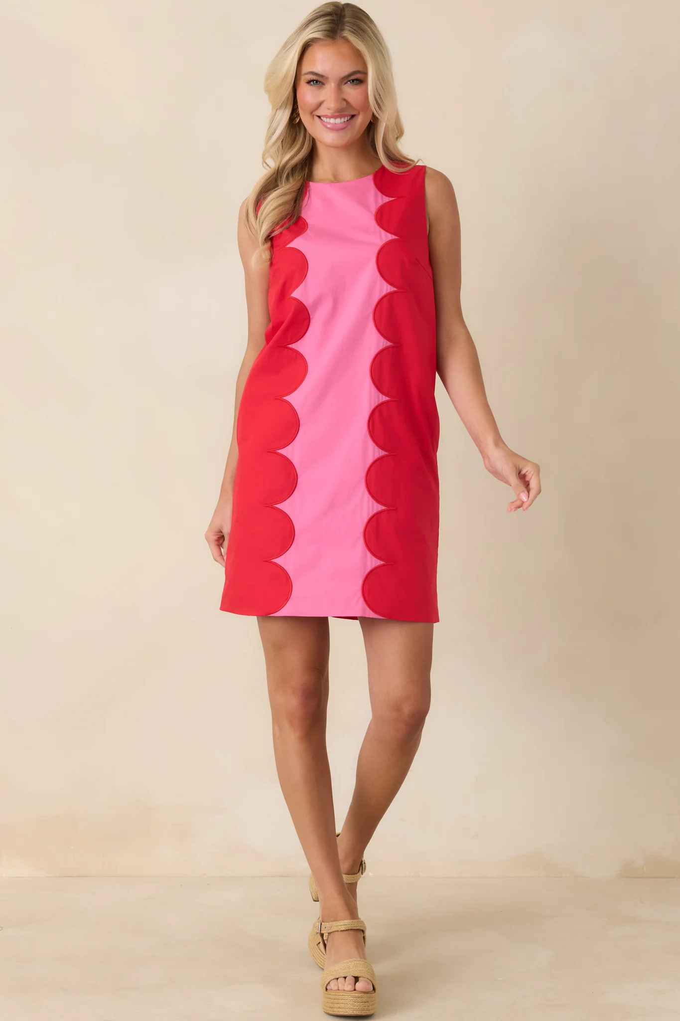 Mod About You Red & Pink Cotton Contrast Scallop Mini Dress | Red Dress
