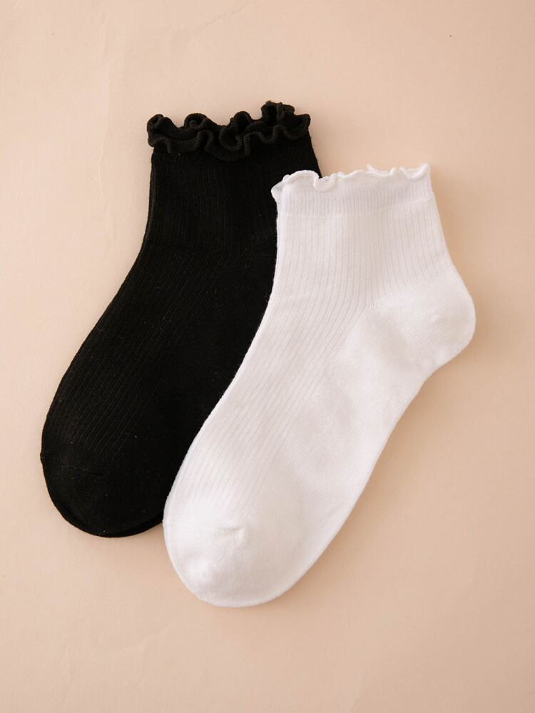 2pairs Ribbed Lettuce-Edge Crew Socks | SHEIN