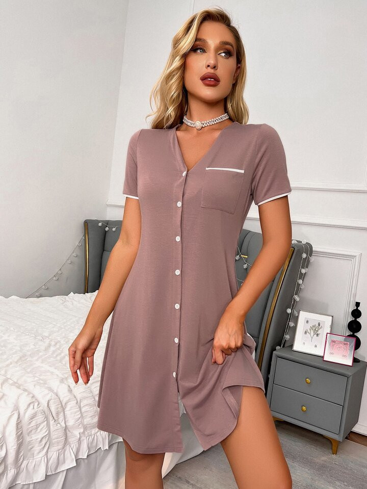Contrast Binding Pocket Front Pajama Night Dress | SHEIN