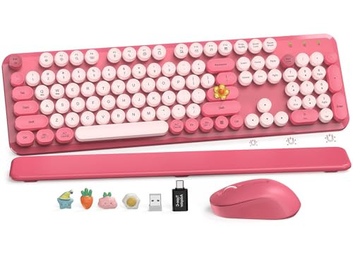 Wireless Keyboard and Mouse Combo, Cute Hot Pink Full-Size Retro Typewriter Keyboard with Round Keycaps, Magnetic Wrist Rest, Tilt Legs, 2.4GHz Cordless for Mac, Windows PC, Laptop, SABLUTE CK23 | Amazon (US)