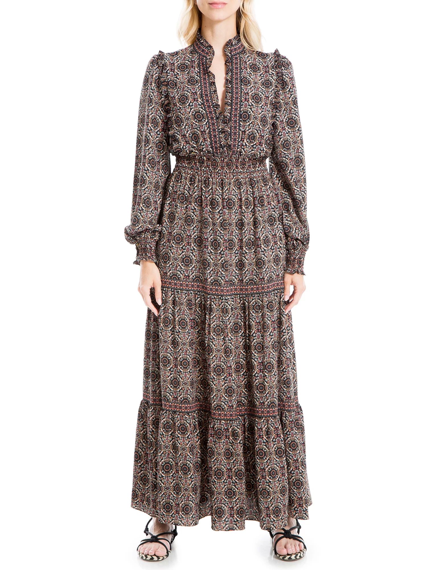 Max Studio Women's Crepe Long Sleeve Smocked Cuff Tiered Maxi Dress | Walmart (US)