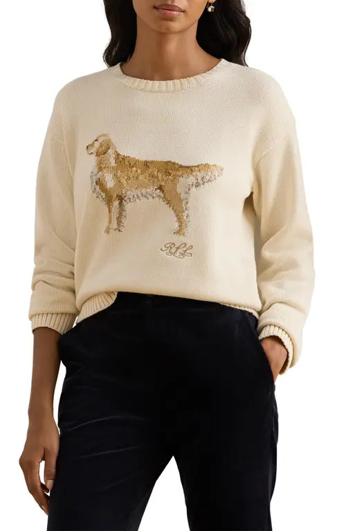 Lauren Ralph Lauren Intarsia Golden Retriever Cotton Sweater in Mascarpone Cream at Nordstrom, Size Large | Nordstrom