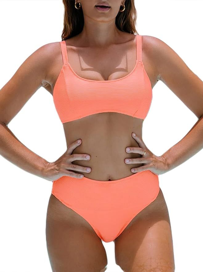 popvil Bikini Sets for Women High Waisted Bathing Suits Scoop Neck 2 Piece Swimsuit | Amazon (US)