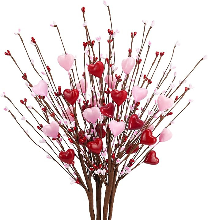 Agusbagli 6 Pcs Valentine’s Day Picks Artificial Red Berry Flower Stems with Pink Hearts for Va... | Amazon (US)