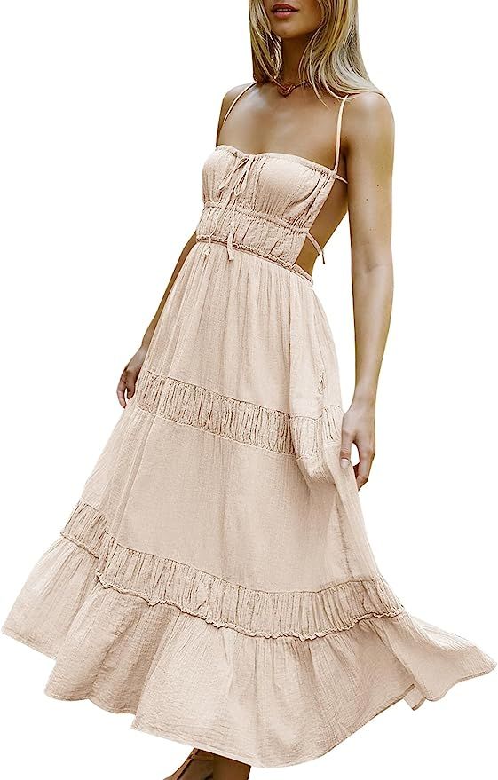 HeSaYep Sexy Dress for Women Summer Backless Flowy Dress Spaghetti Strap Maxi Dress with Pockets | Amazon (US)