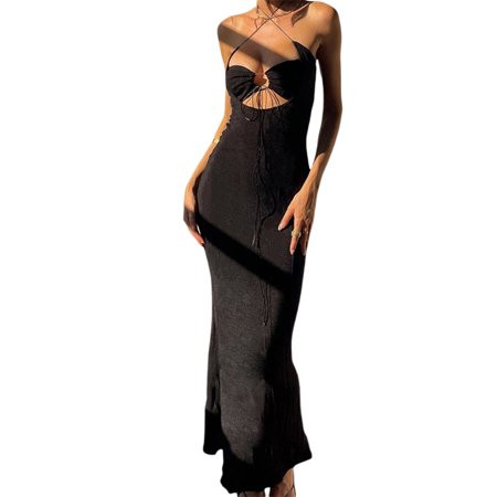 Women Cut Out Dress Y2k Summer Sexy Halter Neck Sleeveless Backless Bodycon Cutout Dress Black S | Walmart (US)