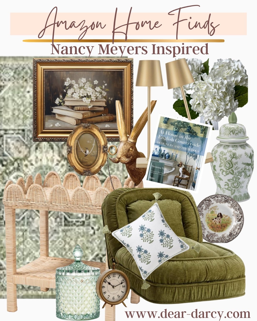 Amazon Home finds

Nancy Meyers inspired
Affordable and beautiful

A fun velvet lounge chair that can be refigured 

Scallop side table/bar cart 

Beautiful floral area rug 

Costal coffee table book

Floral ginger jar

Gold chargeable table lamps

Rabbit head 

Floral pillow 

Floral print in gold frame

Hydrangeas 

Transfer ware plate 

Gold picture frame 







#LTKSummerEdit #LTKStyleTip #LTKHome
