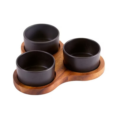 Kalmar Home Solid Acacia Triangular Serving Set with 3 Black Ceramic Dishes | Target