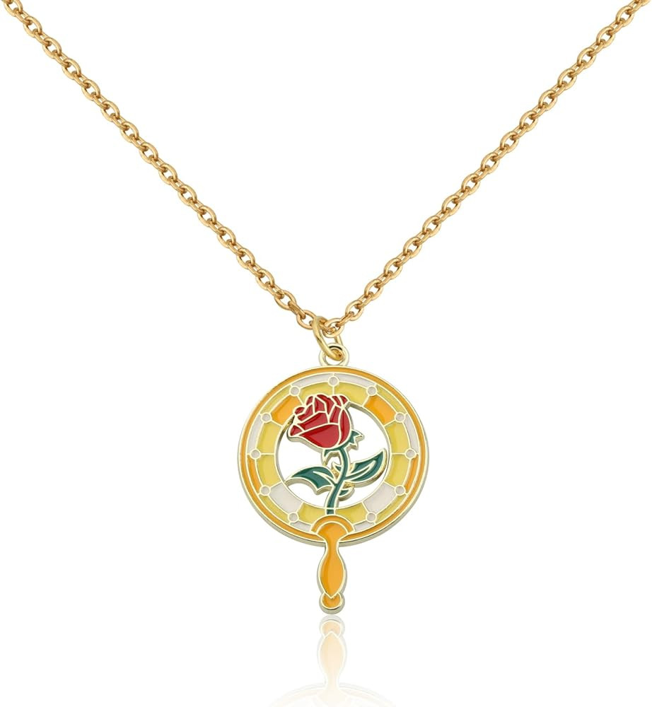 PLITI Beauty Beast Princess Belle Gift Fans Gift Rose Flower Necklace For Fairy Tale Princess Lov... | Amazon (US)